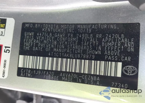 2020 Toyota Camry Le из США, поврежденный, VIN 4T1C11AK8LU878879